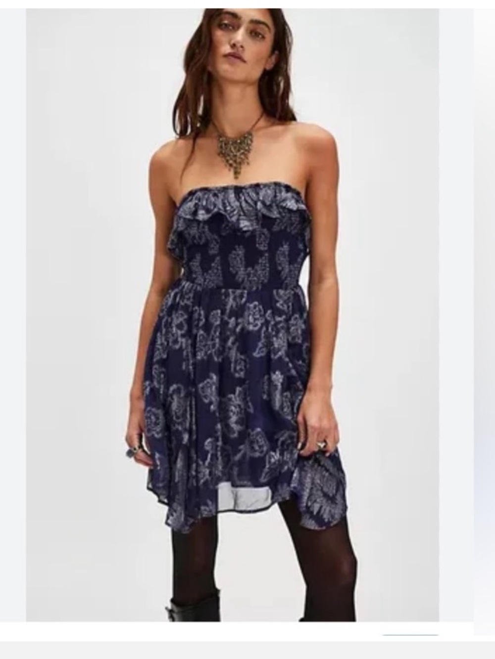 Free People Strapless Gardenia Navy Blue Floral Ruffle Sundress